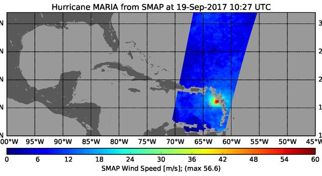The radiometer instrument on NASA's Soil Moisture Active Passive (SMAP) spacecraft captured this image of Hurricane Maria at 6:27 a.m. EDT on Sept. 19, 2017 (10:27 UTC), showing an estimated maximum surface wind speed of 126.6 miles per hour.